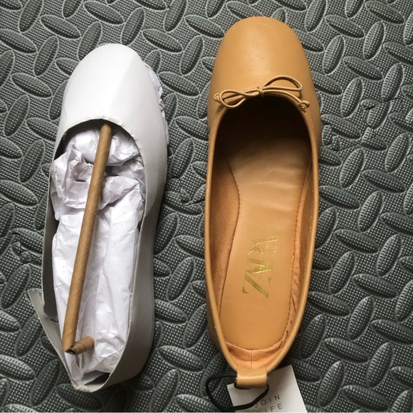 NWT Zara Leather Ballet Bow Tie Ballerinas Flats Shoes Beige Size 7 / 37 - Picture 6 of 8